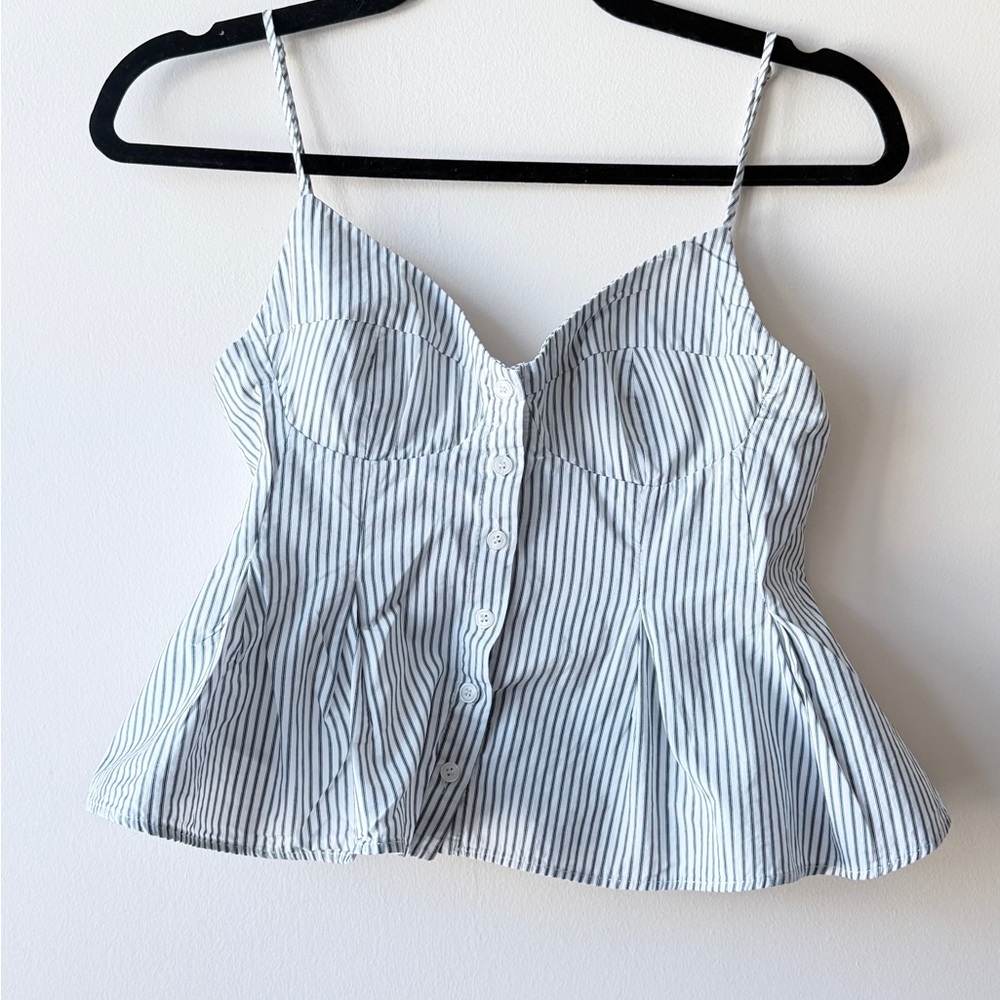 Zara White and Black Vertical-Striped Button-Front Peplum Camisole